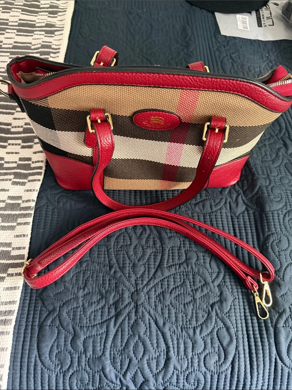 Beige Check Canvas Shoulder Bag with Red Leather Trim